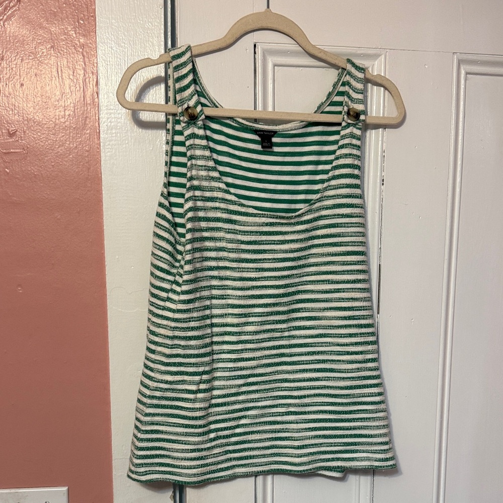 Ann Taylor Green and White Striped Button-Shoulder Tank